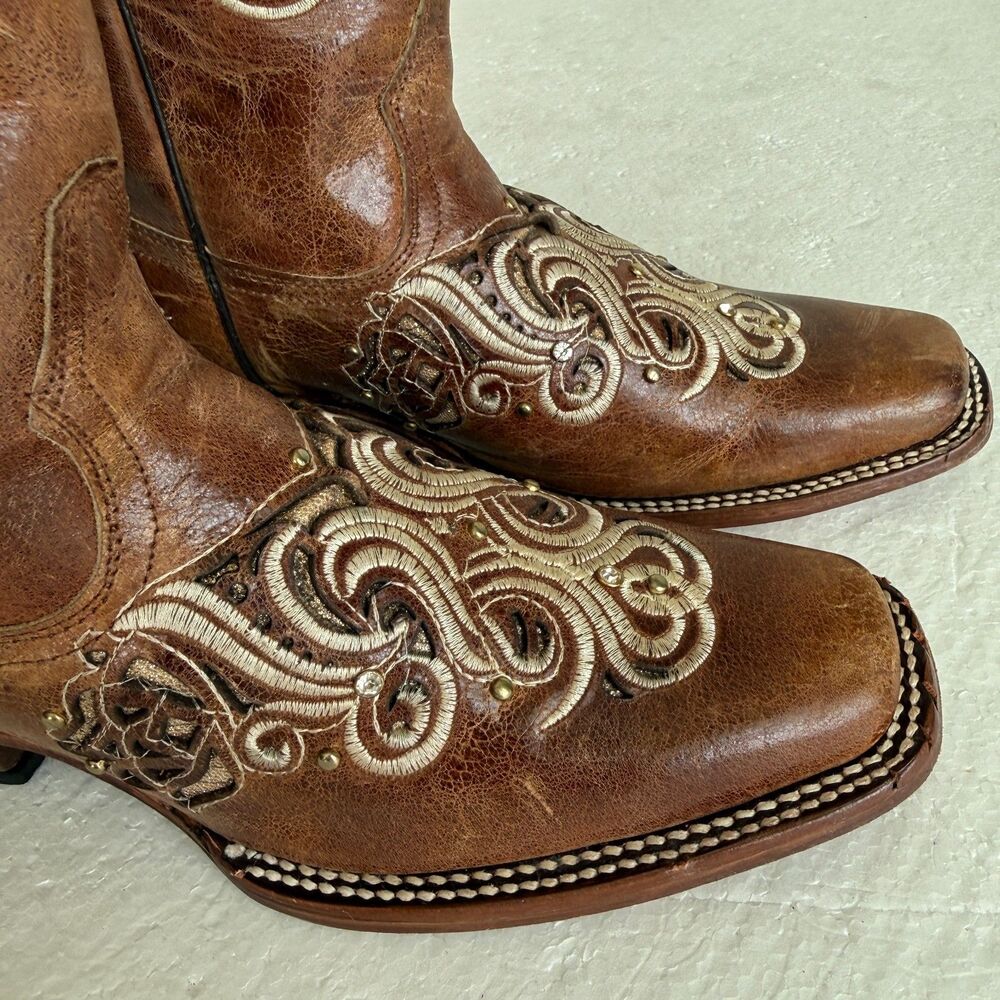 Stiefeld Handcrafted Leather Western Boots Women 8.5 Floral Embroidered Crystal - Picture 5 of 15